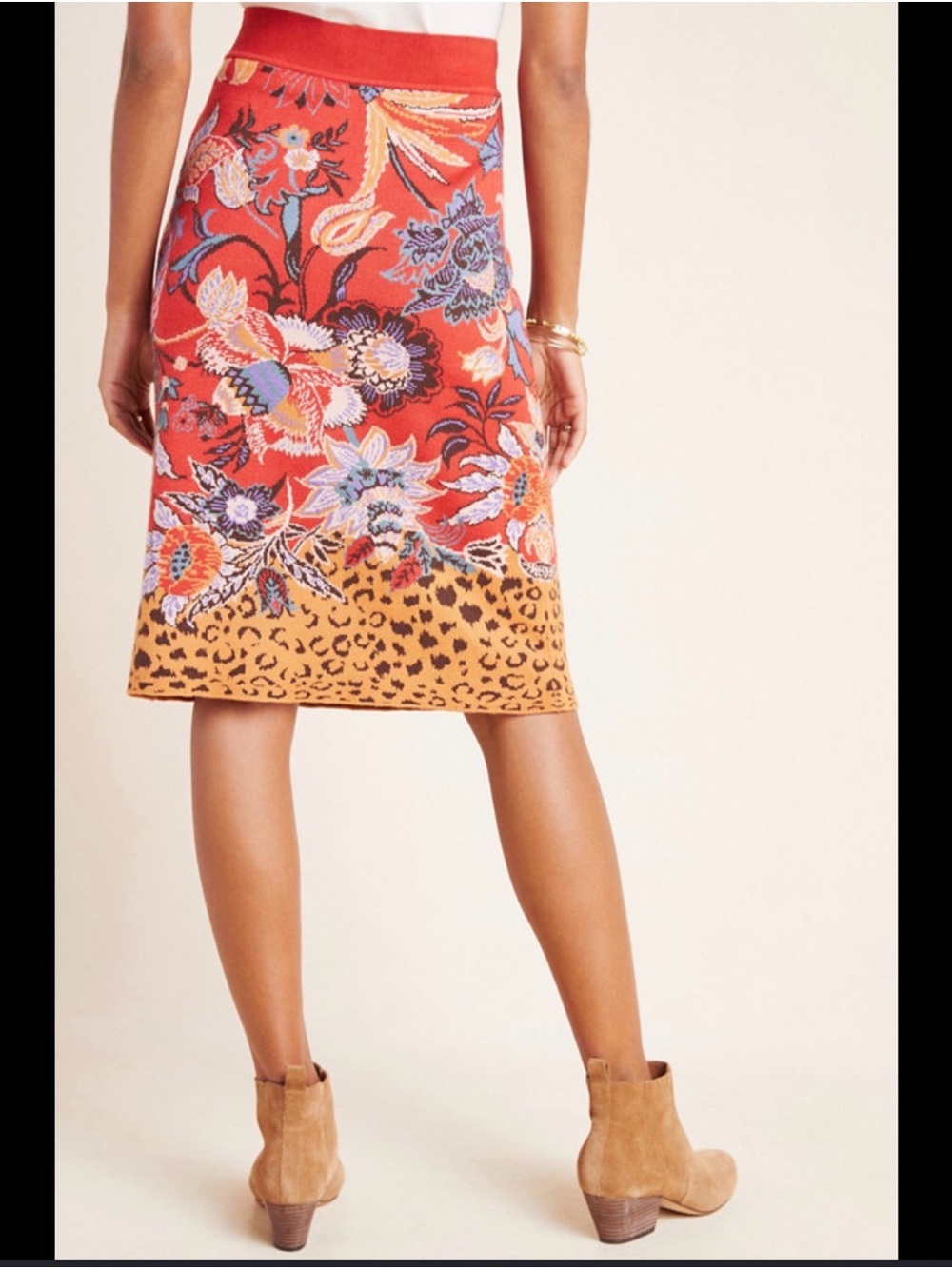 Maeve Anthropologie Delphinia Red Floral & Leopard-Trim Midi Skirt